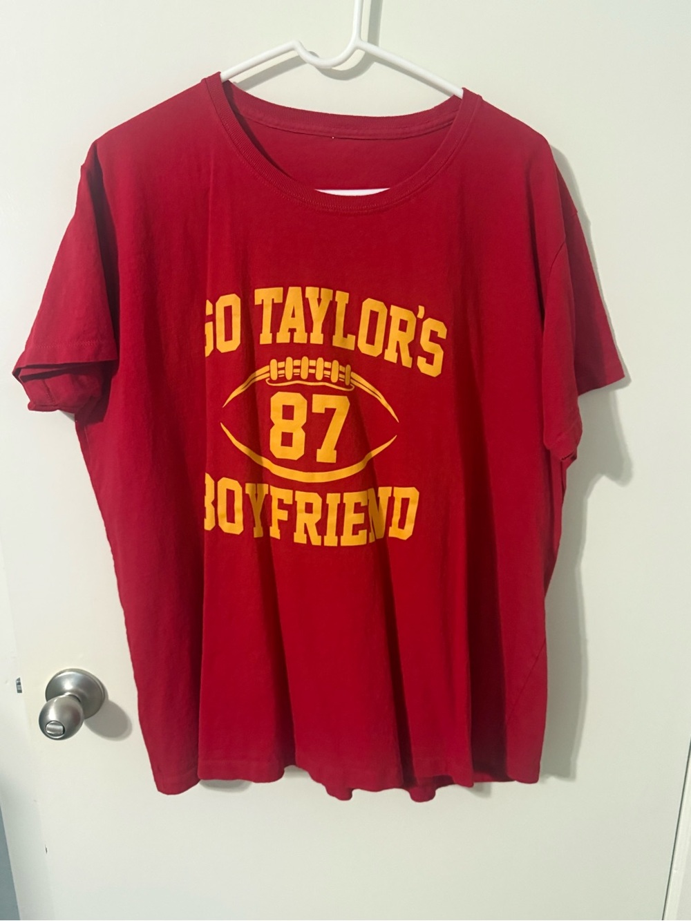 Red Short Sleeve Graphic Tee - 'Go Taylor's Boyfriend'